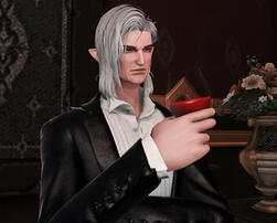 Elderly white-haired male Elezen holding a glass of wine.