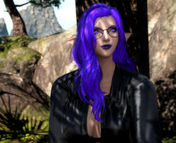 Purple-haired female Elezen wearing glasses and looking up to the righ