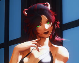 Red-haired miqo'te with small horns instead of ears with green eyes and a flirty expression.